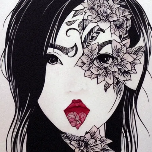 Prompt: tattoo design, stencil, beautiful japanese girls face, ivy surrounding by artgerm, artgerm, cat girl, anime