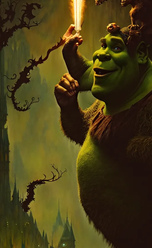 Image similar to shrek dragon gorgeous lighting by weta studio, mucha, bautista and norman rockwell and greg rutkowski and tom bagshaw and james gurney and lucasfilm