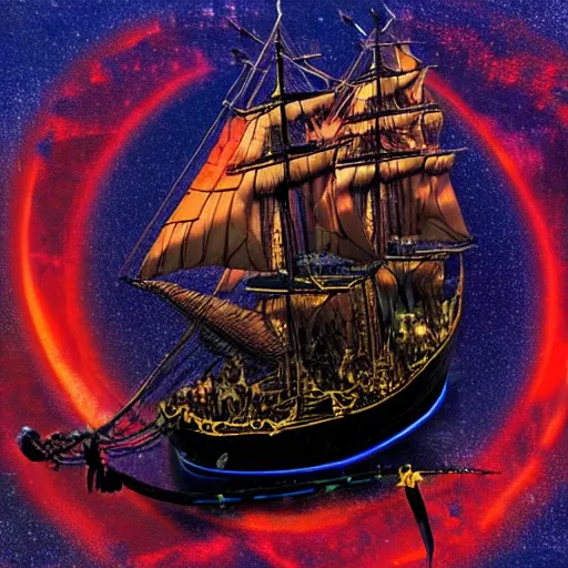 Image similar to A picture of the black pearl from pirates of the carribean with many glowing cats sitting in a circle on it