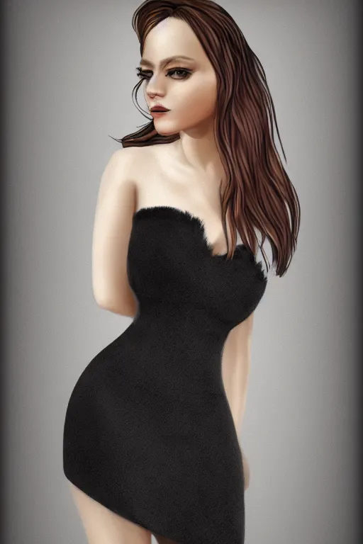 Image similar to full body aesthetic full body digital illustration of a beautiful young woman in a furry little black dress, realistic, Vogue, magazine photography, photorealistic, deviantArt, trending on artstation, artstation HQ