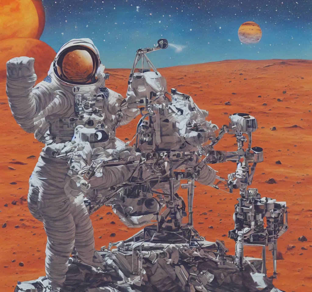 Image similar to an astronaut sitting on mars in the style of flooko, acrylic art, detailed,