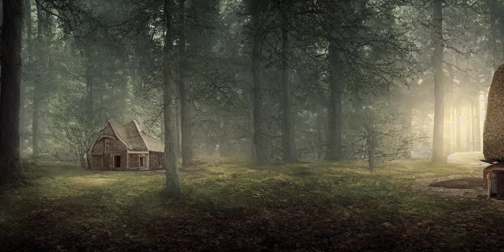 Image similar to a cottage in the woods and empty woods, 8k, fantasy, hyper realistic, dramatic lighting, cinematic