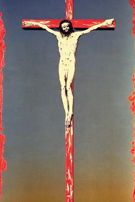 Image similar to bloody christ crucified and some bright ufo in the sky painted by cy twombly and andy warhol