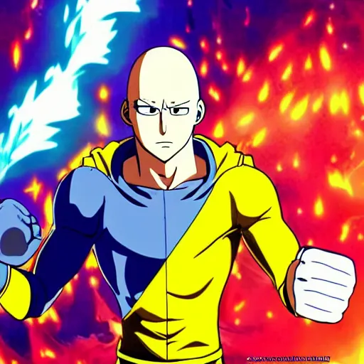 Prompt: saitama punching himself, the universe explodes in bright colorful light, animated, key anime visual, pixiv