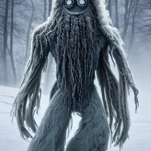 Image similar to a fluffy humanoid ethereal ghost like live action muppet wraith like figure with a squid like parasite taking over its head and four long tentacles for arms that flow gracefully at its sides like a cloak while it floats around a frozen rocky lake in the middle of the frozen woods searching for lost souls and that hides amongst the shadows in the trees, this character can control the ice and snow and has mastery of the shadows, it is known as the bringer of nightmares and the ruler of endless night terrors, it is a real muppet by sesame street, photo realistic, real, realistic, felt, stopmotion, photography, sesame street