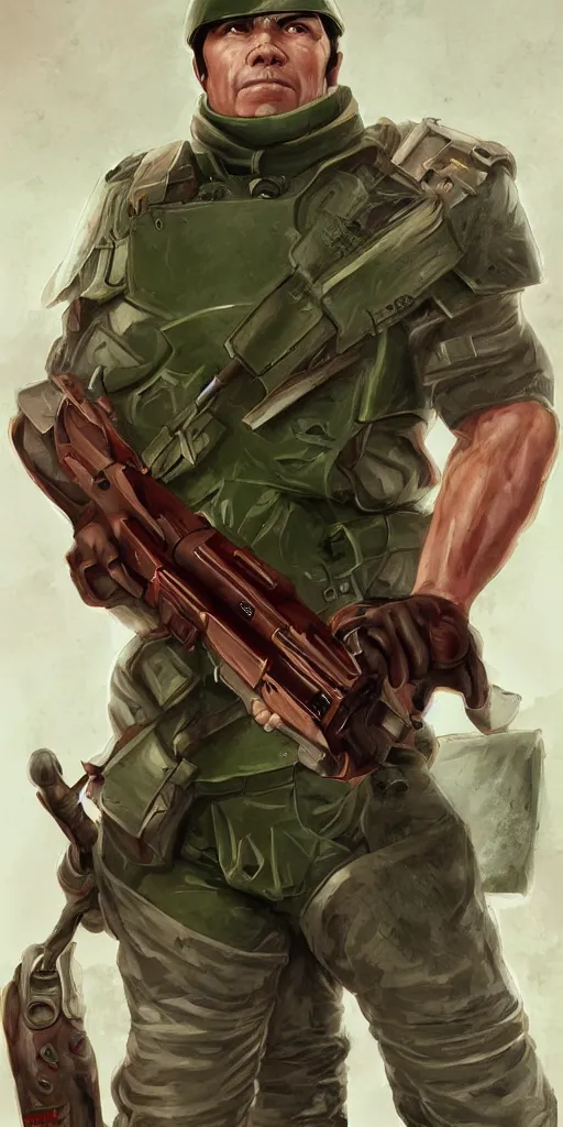 Image similar to doomguy as a soviet soldier, full body portrait, concept art, military art, art by artgerm