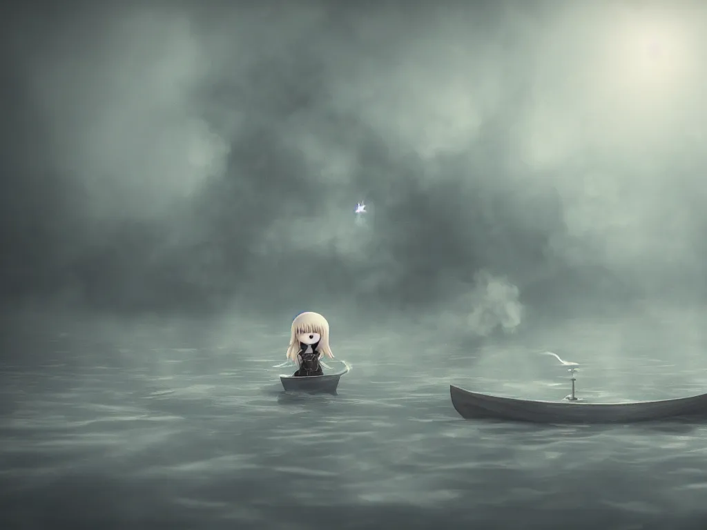 Prompt: cute fumo plush girl witch in a small boat on murky river water, river styx, cursed otherworldly chibi gothic horror wraith maiden, lost in the milky void, hazy heavy swirling murky volumetric fog and smoke, moonglow, lens flare, vray