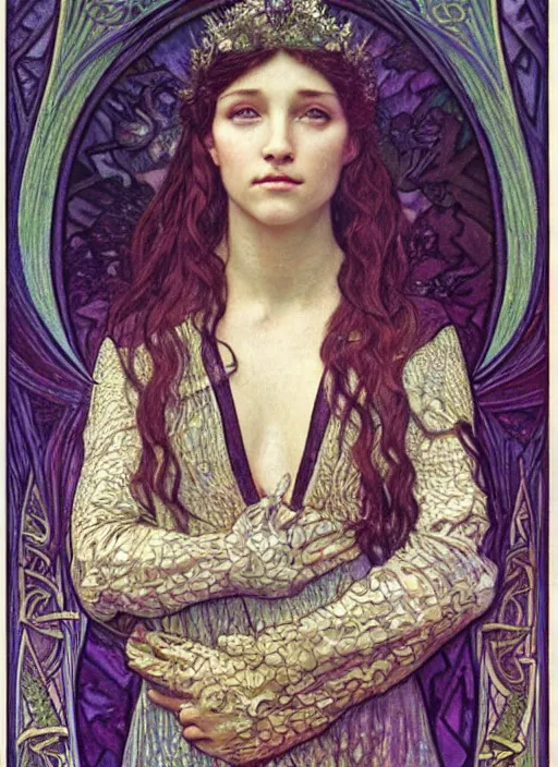 Image similar to detailed realistic beautiful young medieval queen face portrait by jean delville, alphonse mucha, vincent van gogh, and marco mazzoni, art nouveau, symbolist, visionary, gothic, pre - raphaelite