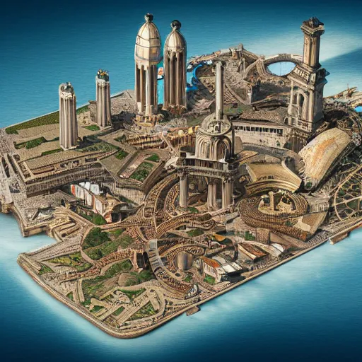 Image similar to Italian renaissance inspired steampunk coastal city, axonometric exploded view, high detail, 8k, photorealistic