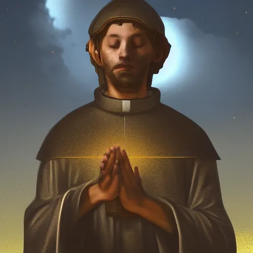 Image similar to Digital portrait of a catholic priest in his twenties fervently praying at the top of a medieval tower. He is looking terrified as a yellow shadow descends upon him from the night sky. Dramatic lighting. Award-winning digital art, trending on ArtStation