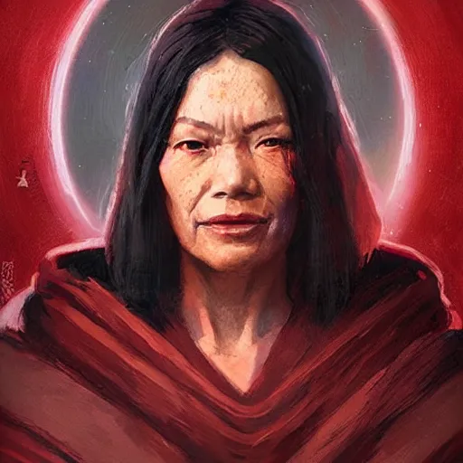 Prompt: portrait of a woman by greg rutkowski, jedi queen, half asian, black bob hair, star wars expanded universe, she is about 5 0 years old, wearing jedi red robes.