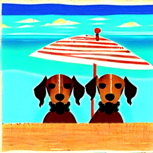 Image similar to two cute brown spaniel swimming by the seaside, parasols, bright towels, geometric, pop, sketch, artwork,lines