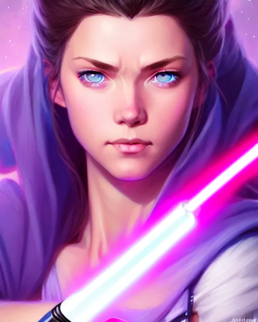 Image similar to pretty blue eyed brunette girl!! pink lightsaber! gorgeous, beautiful, jedi, fire emblem, art by artgerm and greg rutkowski and magali villeneuve, portrait, d & d, fantasy, highly detailed, digital painting, trending on artstation, concept art, sharp focus, illustration