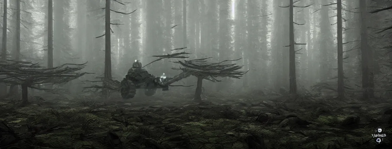 Prompt: dark foggy forest with military robots with volumetric loght searching for hidden human soldiers, postapocalyptic style, high detail, dramatic moment, motion blur, ground fog, dark atmosphere, saturated colors, by darek zabrocki, render in unreal engine - h 7 0 4