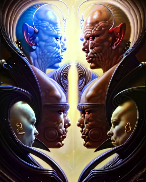 Image similar to a portrait of gemini good and evil fantasy character portrait facing each other, ultra realistic, wide angle, intricate details, the fifth element artifacts, highly detailed by peter mohrbacher, hajime sorayama, wayne barlowe, boris vallejo, aaron horkey, gaston bussiere, craig mullins