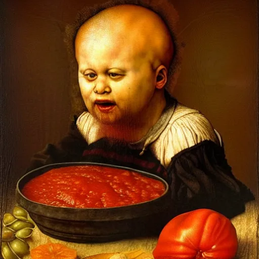 Prompt: a boy sitting in a tub full of tomato sauce, a lot of cabbage, dinner is served, by giuseppe arcimboldo, odd nerdrum and ambrosius benson, renaissance, fruit, intricate and intense oil paint, realistic