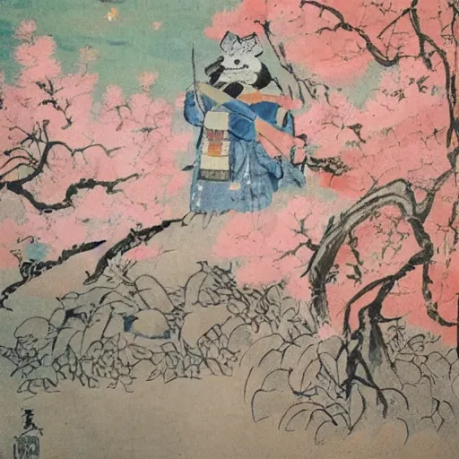 Image similar to samurai fox with a katana. sakura forest in the background. old japanese painting. fresco