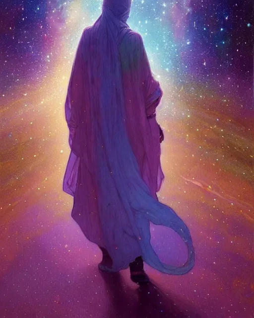 Prompt: bedouin in galaxy walking towards mosque surrounded by nebula, highly detailed, gold filigree, romantic storybook fantasy, soft cinematic lighting, award, disney concept art watercolor illustration by mandy jurgens and alphonse mucha and alena aenami, pastel color palette, featured on artstation