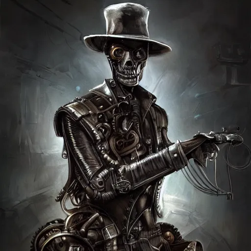 Image similar to clint eastwood as steampunk grim reaper, scifi, intricate, elegant, highly detailed, digital painting, artstation, concept art, smooth, sharp focus, illustration, art by giger