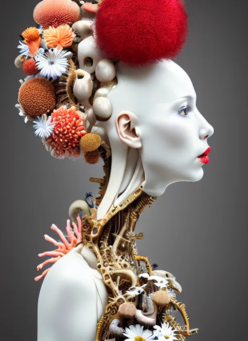 Prompt: biomechanical beautiful woman portrait with a smooth carved porcelain ivory profile face, futuristic haute couture, iris van herpin, headdress with daisies, colorful puffballs, mushrooms, rhizomorphs, brackets, sponge corals, laser cut collar, red lips, cyberpunk, fine gold details, hyper detailed, ultra sharp, 8 k, uhd