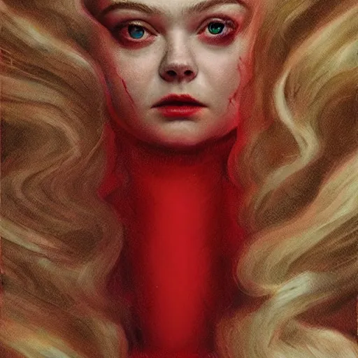 Image similar to a striking hyper real painting of Elle Fanning in a red dress, lovecraftian, horror, moonlit,