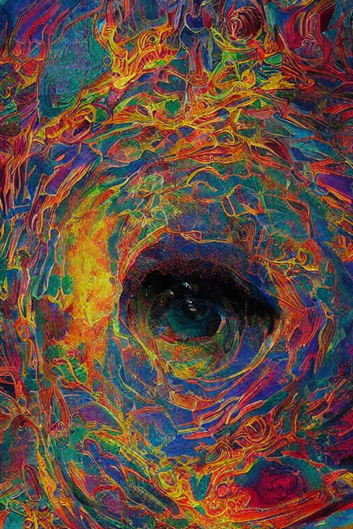 Image similar to hyperrealistic abstract close-up Renaissance psychedelic!! celestial happy! pure creature!! peaceful! kind spirit of nature! beautiful fractal!! eyes! highly detailed concept art eric zener elson peter cinematic hard rainbow lighting high angle hd 8k sharp shallow depth of field endless, inspired by Zdzisław Beksiński Salvador Dali