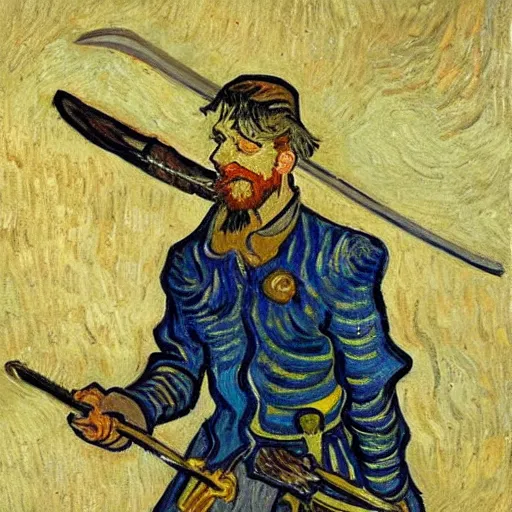 Prompt: fry with a sword, painting, artwork by van gogh