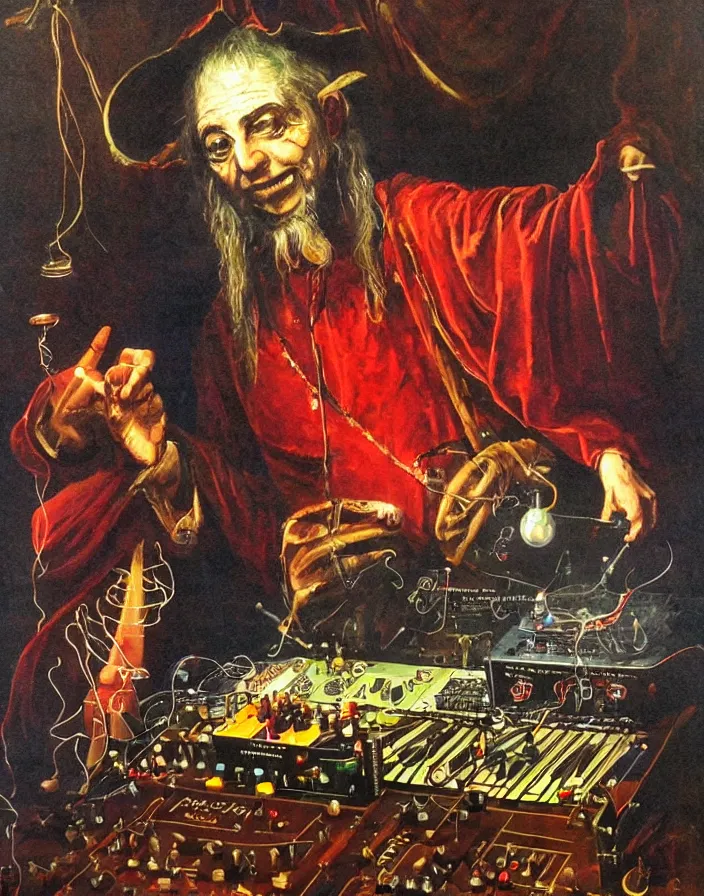 Image similar to chiaroscuro air brush fantasy painting of a medieval court jester playing an ARP 2600 modular synthesizer powered by a tesla coil