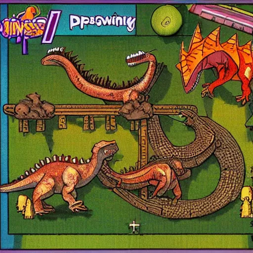 Image similar to top down fantasy roll - playing game from 1 9 8 5, dinosaurs in space village adventure, in the style of 8 - bit computer game ultima 4, played on the apple 2 e computer - w 1 0 2 4