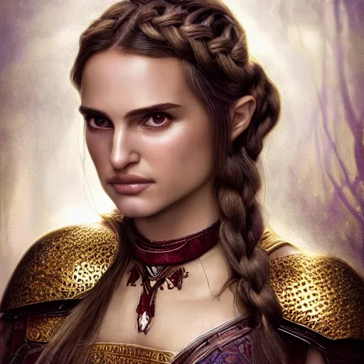 Prompt: head and shoulders portrait of a female knight, young natalie portman, golden etched armor, lord of the rings, elaborate hair braid, eldritch ruby amulet, by artgerm, alphonse mucha, face detail, etched breastplate, sharp focus, high key lighting, vogue fashion photo