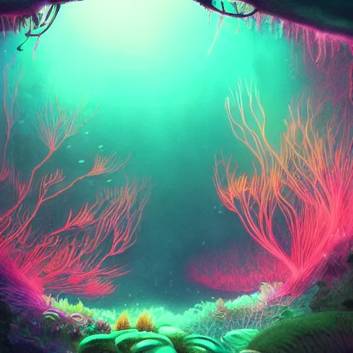 Prompt: an underwater alien ocean, filled with bioluminescence, twirling glowing sea plants, neon colors, and a mystical misty glow, ethereal, detailed, fantasy illustration, dark brooding and eerie