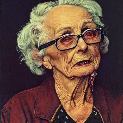 Prompt: frontal portrait of a wizened old witch. a portrait by norman rockwell.