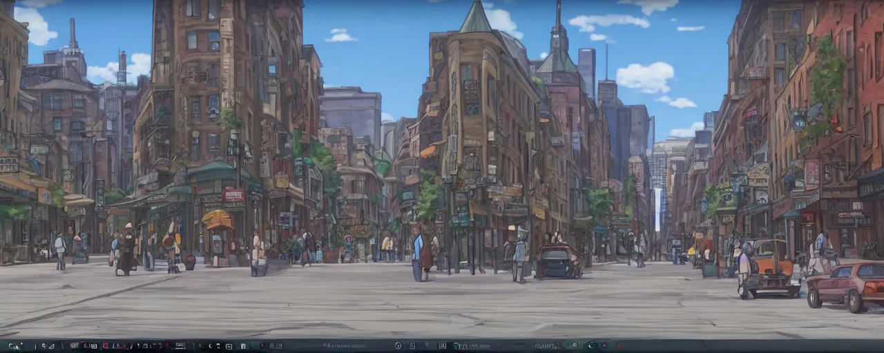 Prompt: A screenshot of the old montreal city street in the scene in the Ghibli anime film, pretty rim highlights and specular