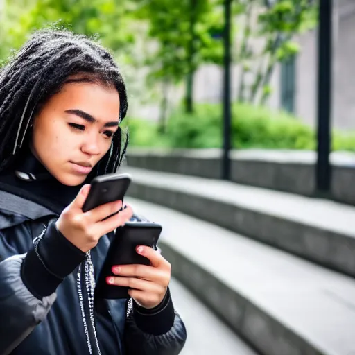 Image similar to candid photographic portrait of a poor techwear mixed young woman using a phone inside a dystopian city, closeup, beautiful garden terraces in the background, sigma 85mm f/1.4, 4k, depth of field, high resolution, 4k, 8k, hd, full color