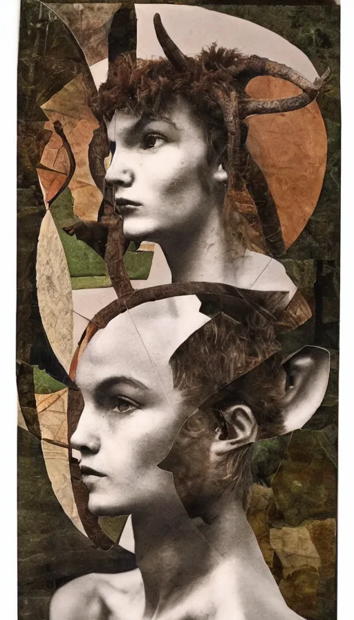 Image similar to a faun in profile, collage in the style of hannah hoch