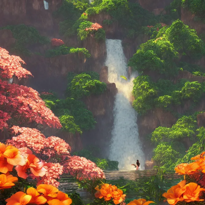 Prompt: an epic makoto shinkai and renoir landscape with a hawaiian waterfall, orange flowers, 🌺, a beautiful woman, ultra smooth, octane render