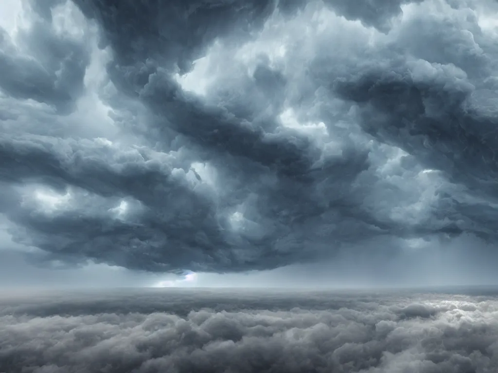 Prompt: supercells, landscapes, super storm, over the clouds, craig mullens, cinema 4 d, sci - fi, moody, atmospheric, cinematic, very high complexity, 4 k