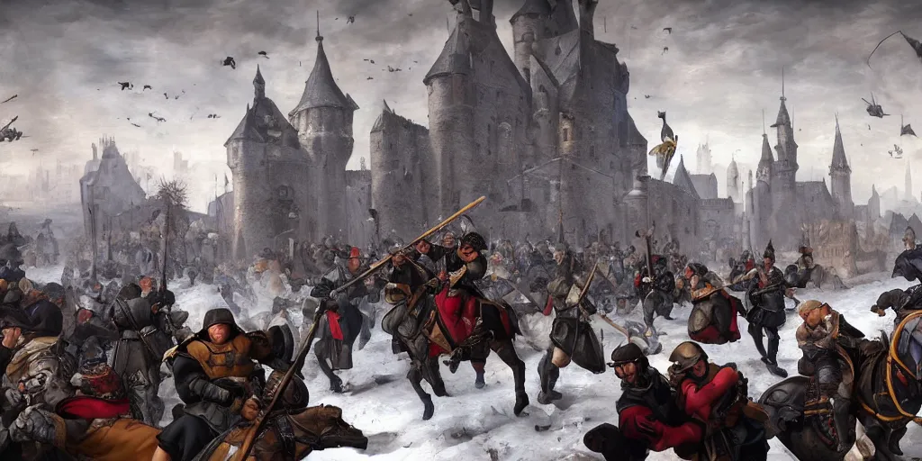 Image similar to RTS gameplay third person in style of Brueghel paintings, painting, Stronghold strategy gameplay, high detailed,dark fantasy, dark tones, medieval, snow, buildings, castle, armored units, cavalry,RPG, high detailed, contrast, octane render,mill, farm, creative