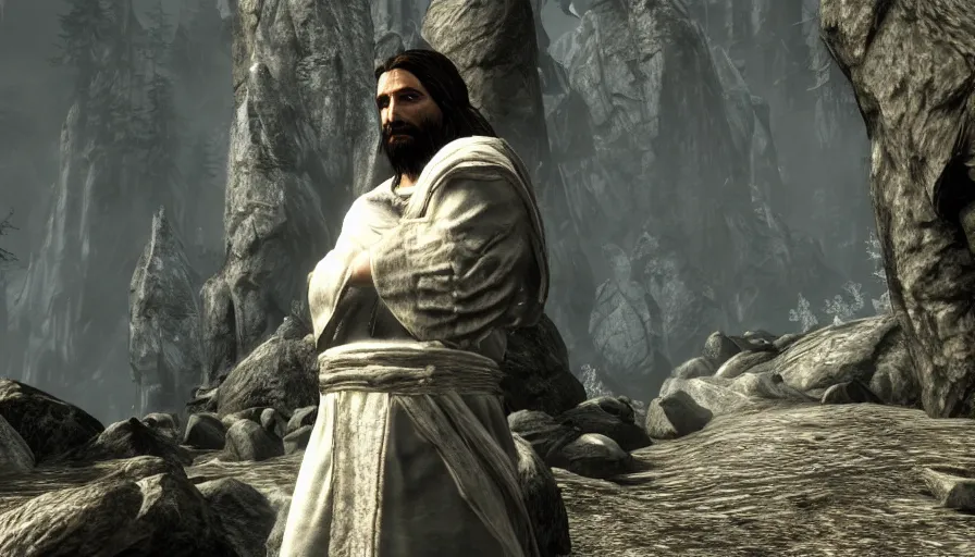 Prompt: skyrim character screenshot of jesus christ wearing a white robe, enb, 4 k, bokeh, beautiful, detailed