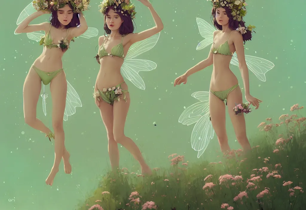 Image similar to two cute fairy women with crown of flowers in plants mini bikini, fantasy, by atey ghailan, by greg rutkowski, by greg tocchini, by james gilleard, by joe gb fenton, by in kaethe butcher, dynamic lighting, gradient light green, brown, blonde cream and white color in scheme, grunge aesthetic
