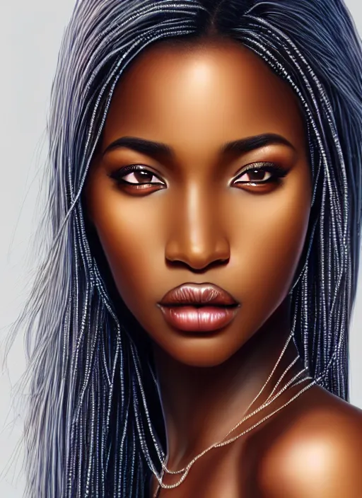 Image similar to a gorgeous african female photo, professionally retouched, soft lighting, realistic, smooth face, full body shot, torso, dress, perfect eyes, sharp focus on eyes, 8 k, high definition, insanely detailed, intricate, elegant, art by artgerm and jason chan