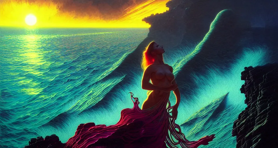 Image similar to psychedelic tron wings in front mind bending sunset, cliffside ocean scene, backlit, aesthetic, elegant, diffuse lighting, hyper realistic, elegant, intricate, hyper detailed, smooth, sharp focus, concept art, illustration, trending on artstation, art by artem demura, greg rutkowski, james gurney, and alphonse mucha