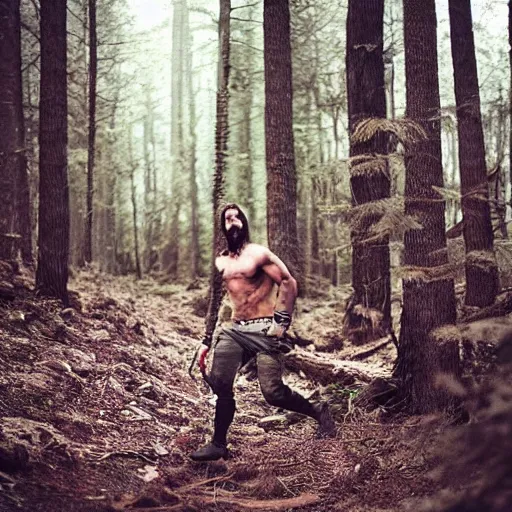 Image similar to werecreature consisting of a human and wolf, photograph captured in a forest