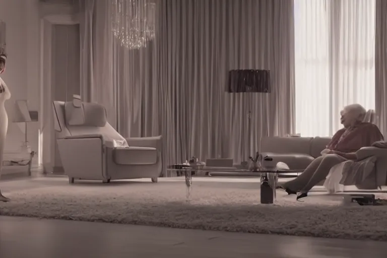 Image similar to VFX movie of old woman helping sleek futuristic robot in a decadent living room by Emmanuel Lubezki