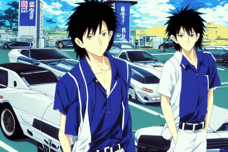 Image similar to very serious ryosuke takahashi with black hair wearing a dark blue shirt and white pants stands alone leaning on his white mazda rx 7 on an empty gas station, initial d anime screenshot, initial d anime 1 0 8 0 p, detailed anime face, high detail, 9 0 s anime aesthetic, volumetric lights, art by studio comet, pinterest wallpaper,