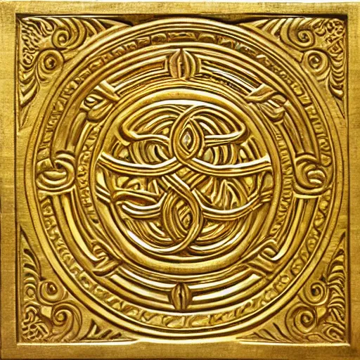 Prompt: ornate engraved carving of an infinity knot on a gold panel