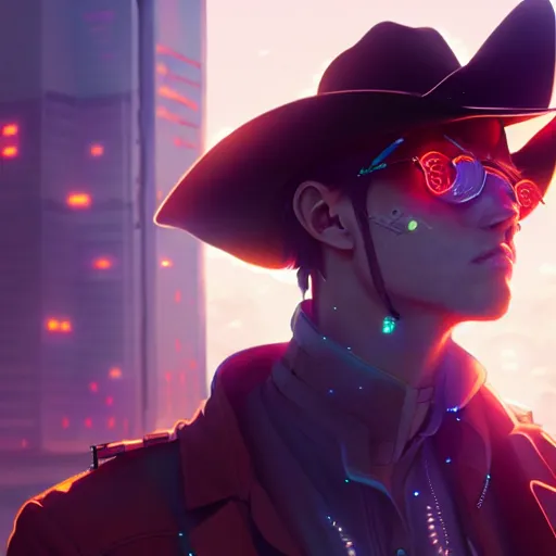 Image similar to cyberpunk cowboy, single subject, scenic full shot, ambient lighting, detailed face, by makoto shinkai, stanley artgerm lau, wlop, rossdraws