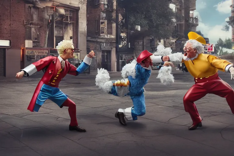 Prompt: ronald macdonald fighting colonel sanders, hyper real, 8 k, octane render, vivid, bright, photo realistic