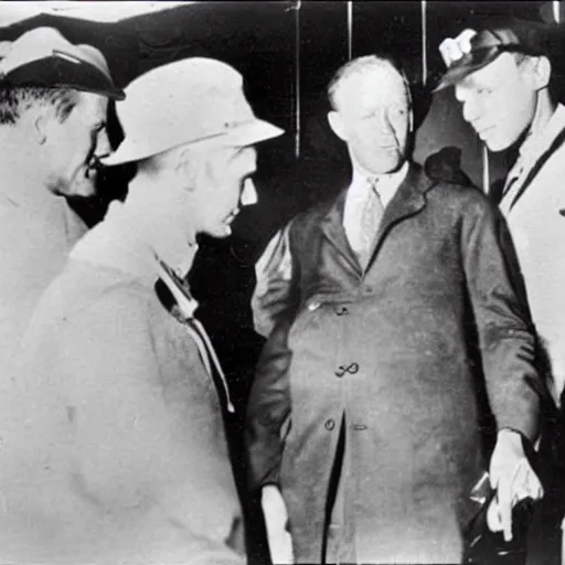 Prompt: Charles Lindbergh trying to keep anyone from finding out he actually ate the baby, 1930s photograph