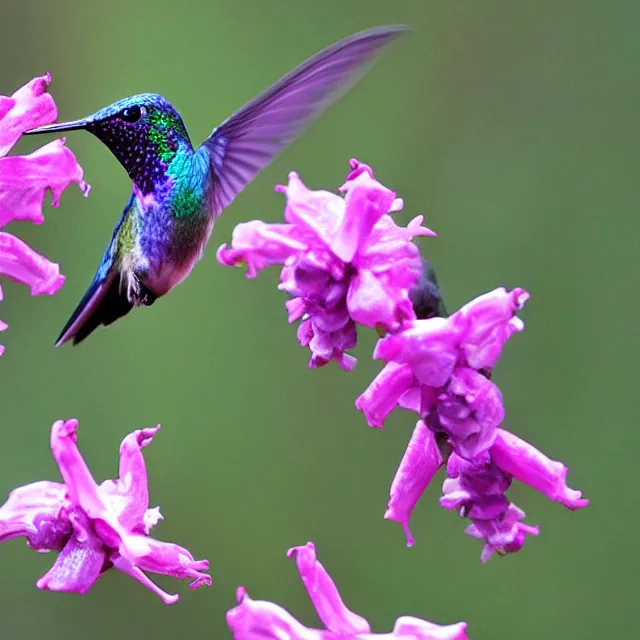 Prompt: a purple hummingbird at a fuchsia flower in the snowy mountains